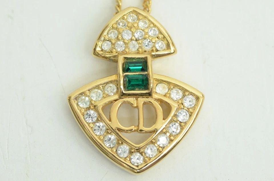 AUTHENTIC CHRISTIAN DIOR NECKLACE GOLD PLATED RHINESTONE EMERALD TRIANGLE CHARM: AUTHENTIC CHRISTIAN DIOR NECKLACE GOLD PLATED RHINESTONE EMERALD TRIANGLE CHARM Authentic Christian Dior Necklace Gold Plated Rhinestone Emerald Triangle Charm AUTHENTIC CHRISTIAN DIOR NECKLACE GOLD P