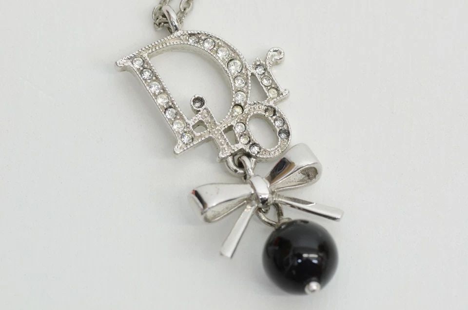 AUTHENTIC CHRISTIAN DIOR MONOGRAM RHINESTONE SP RIBBON BLACK BALL CHARM NECKLACE (1 of 2)