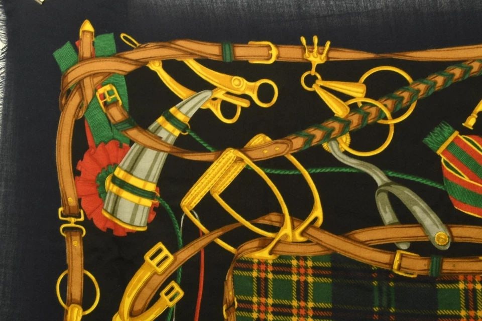 AUTHENTIC GUCCI SHAWL WOOL SILK BLACK NAVY GOLD EQUESTRIAN 136CM VINTAGE FRINGED (1 of 2)