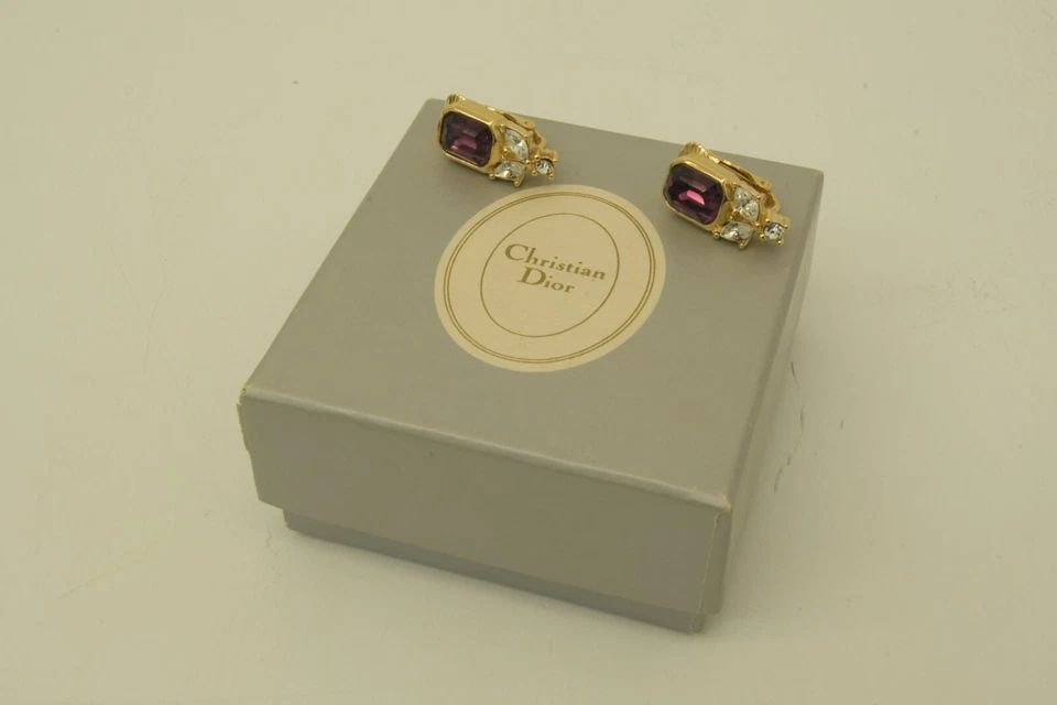 AUTHENTIC CHRISTIAN DIOR PINK GEMSTONE CLIP EARRINGS GP JEWELRY ACCESSORIES VTG (1 of 2)