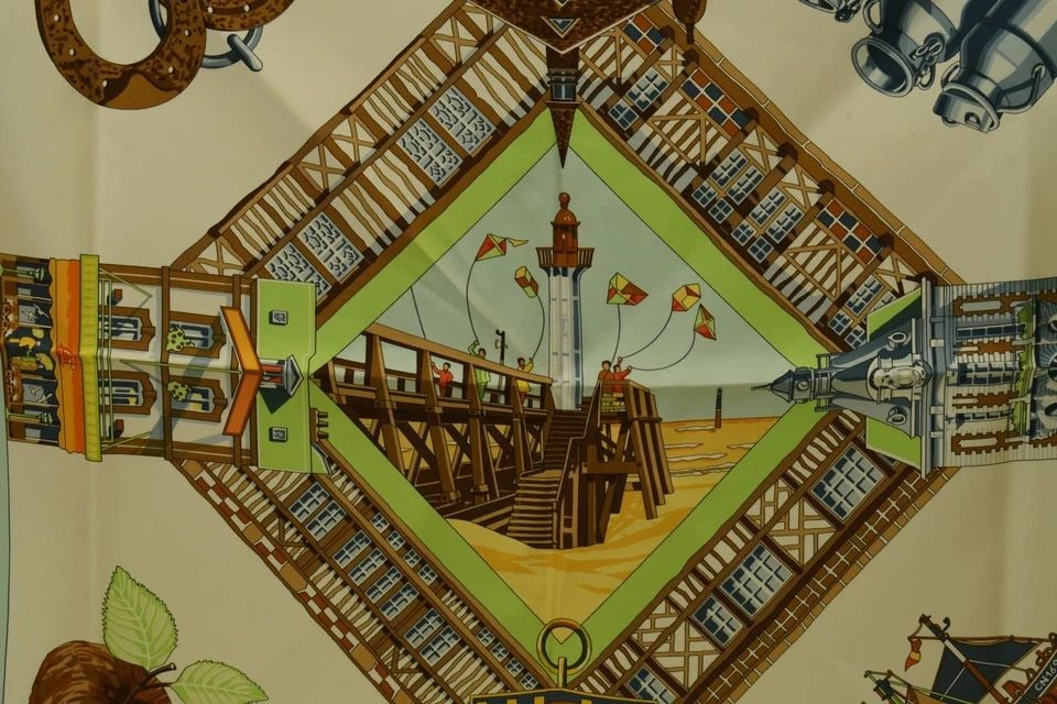 AUTHENTIC HERMES SILK SCARF GREEN CHARMES DES PLAGES NORMANDE DUBIGEON 90CM: AUTHENTIC HERMES SILK SCARF GREEN CHARMES DES PLAGES NORMANDE DUBIGEON 90CM Tout en Carre Loig Dubigeon Height & Width: 140cm (55 inches) 100% Silk Green Square Scarf Female, Ladies Manufactured: Fran