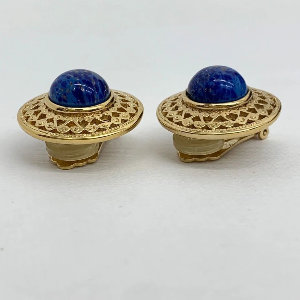 AUTHENTIC CHRISTIAN DIOR CLIP ON EARRINGS GP LAPIS LAZULI ROUND GOLD JEWELRY SET (1 of 2)