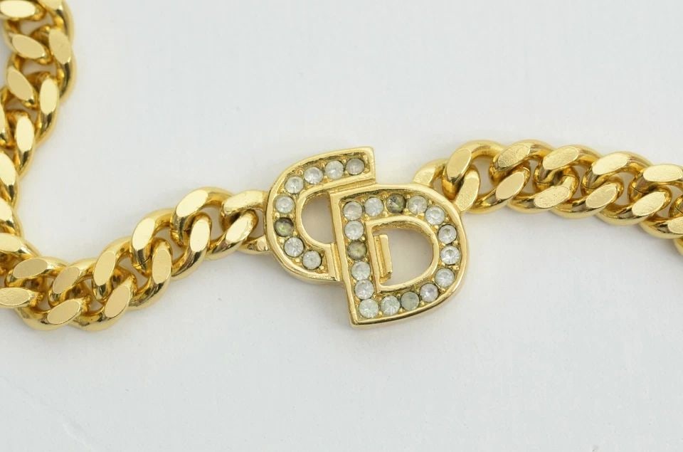 AUTHENTIC CHRISTIAN DIOR NECKLACE CD LOGO THICK CHAIN GP RHINESTONE CHARM CHAIN (1 of 2)