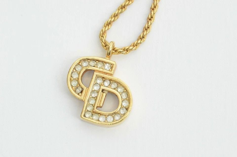 AUTHENTIC CHRISTIAN DIOR NECKLACE CD LOGO THIN CHAIN GP RHINESTONE CHARM CHAIN 2 (1 of 2)