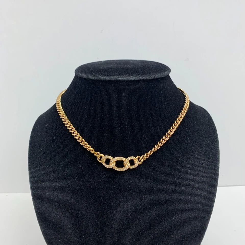 AUTHENTIC CHRISTIAN DIOR RHINESTONE LINK NECKLACE GP CHAIN JEWELRY ACCESSORY (1 of 2)