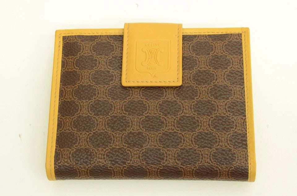 AUTHENTIC CELINE MONOGRAM LEATHER WALLET LOGO COIN CASE BROWN GP VINTAGE CANVAS: AUTHENTIC CELINE MONOGRAM LEATHER WALLET LOGO COIN CASE BROWN GP VINTAGE CANVAS Authentic Celine Monogram Leather Wallet Logo Coin Case Brown GP Vintage Canvas Authentic Celine Monogram Leather Wallet