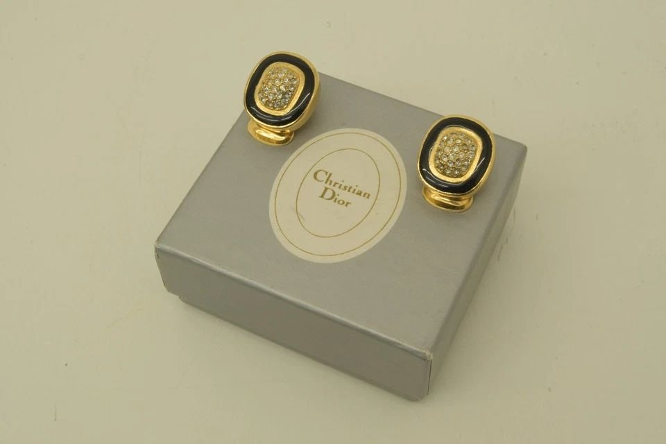 AUTHENTIC CHRISTIAN DIOR GP CLIP EARRINGS BLACK STRIPE SQUARE RHINESTONE JEWELRY (1 of 2)