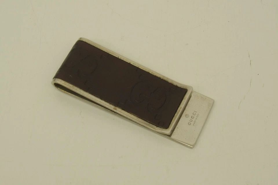 AUTHENTIC GUCCI LEATHER LOGO BROWN GUCCISSIMA MONEY CLIP SILVER PLATED ACCESSORY (1 of 2)