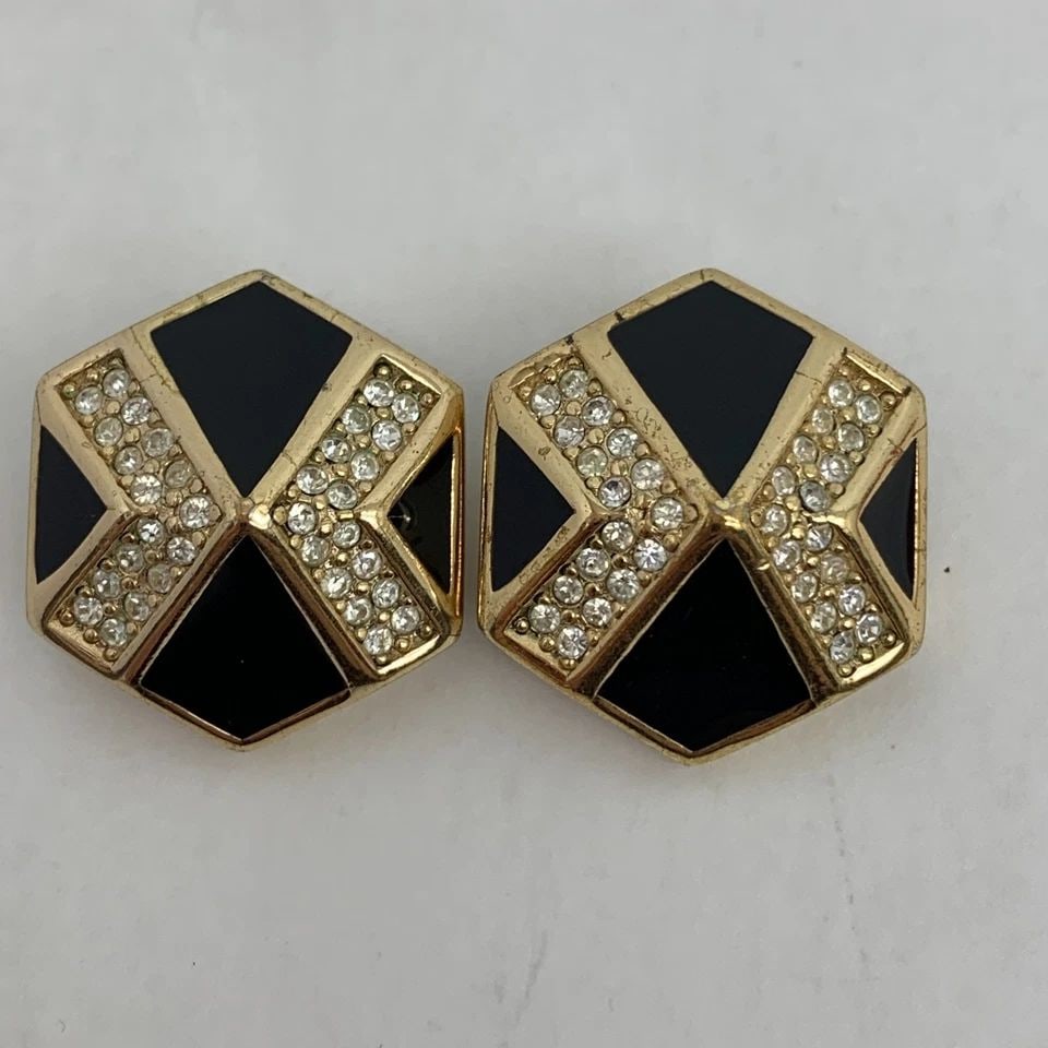 AUTHENTIC CHRISTIAN DIOR CLIP ON EARRINGS GP ENAMEL RHINESTONE HEXAGON JEWELRY (1 of 2)
