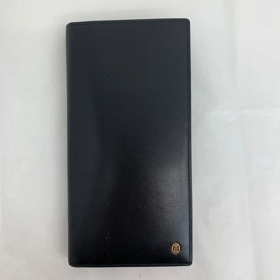 AUTHENTIC CARTIER BLACK LEATHER FOLD OVER WALLET GOLD LOGO VINTAGE MULTI POCKET (1 of 2)