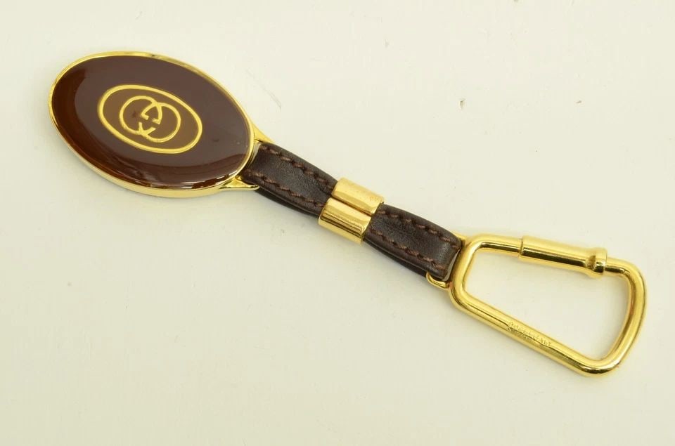 AUTHENTIC GUCCI GOLD PLATED GG LOGO BROWN KEYCHAIN JEWELRY ACCESSORY PULL CLIP (1 of 2)