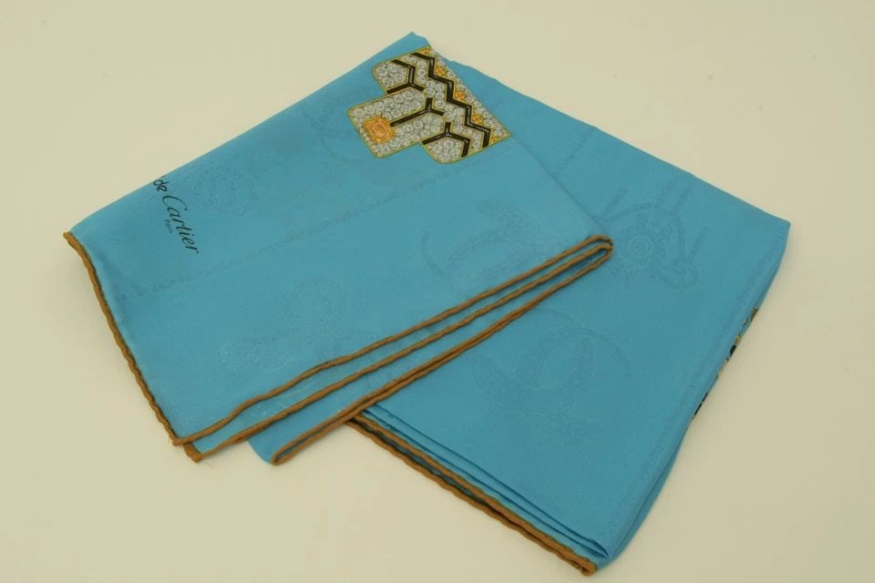 AUTHENTIC MUST CARTIER 100% SILK SCARF BLUE FLORAL JEWELRY BELT 90CM EMBROIDERED: AUTHENTIC MUST CARTIER 100% SILK SCARF BLUE FLORAL JEWELRY BELT 90CM EMBROIDERED Authentic Must Cartier 100% Silk Scarf Blue Floral Jewelry Belt 90cm Embroidered AUTHENTIC MUST CARTIER 100% SILK SCARF