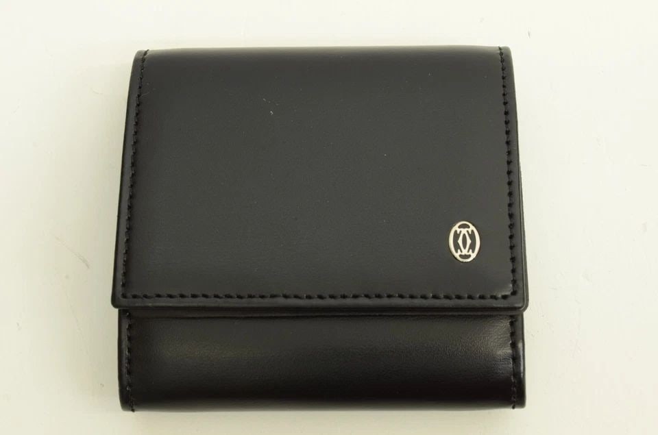 AUTHENTIC CARTIER VINTAGE LEATHER COIN CASE WALLET BLACK SP DECOR LOGO POUCH: AUTHENTIC CARTIER VINTAGE LEATHER COIN CASE WALLET BLACK SP DECOR LOGO POUCH Authentic Cartier Vintage Leather Coin Case Wallet Black SP Decor Logo Pouch Authentic Cartier Vintage Leather Coin Case Wa