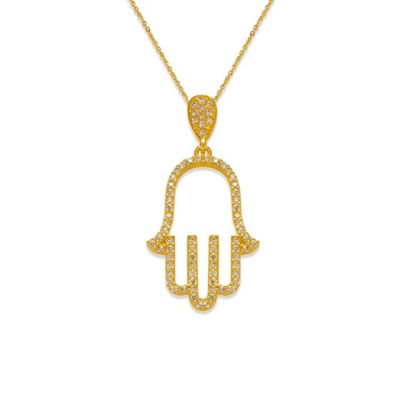 NEW 14K YELLOW GOLD FANCY HAND OF FATIMA PENDANT: NEW 14K YELLOW GOLD FANCY HAND OF FATIMA PENDANT FANCY HAND OF FATIMA PENDANT NEW 14K YELLOW GOLD Apx. WIDTH: 16.5x25.5mm Apx WEIGHT: 2.0g