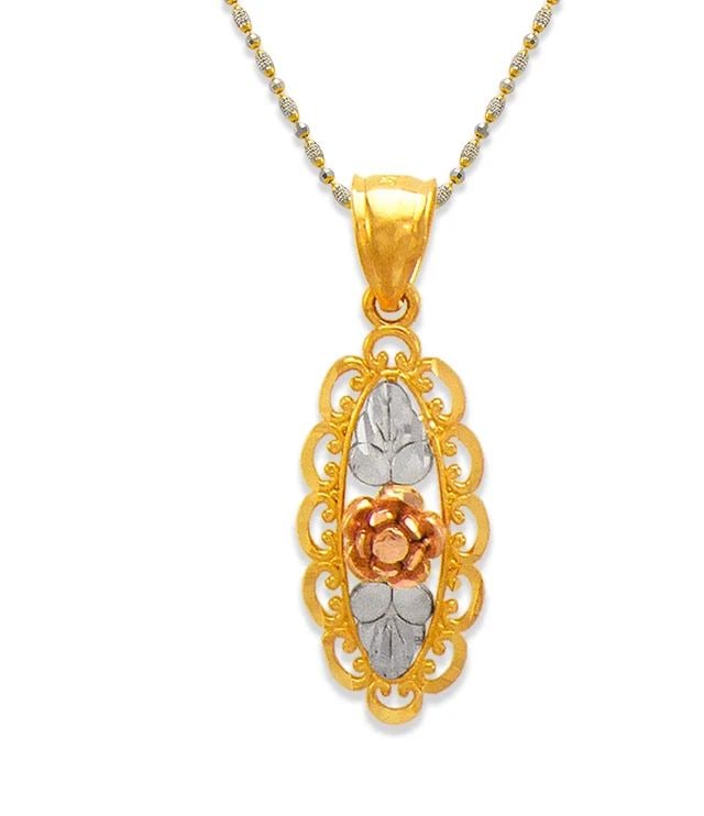 NEW 14K TRICOLOR GOLD ROSE WITH PETALS PENDANT: NEW 14K TRICOLOR GOLD ROSE WITH PETALS PENDANT ROSE WITH PETALS PENDANT NEW 14K TRICOLOR GOLD Apx. WIDTH: 10x22mm Apx WEIGHT: 2.0g