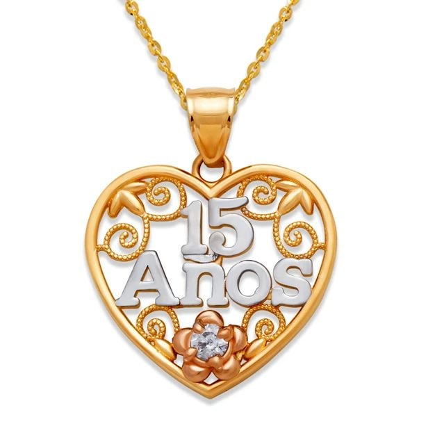 NEW 14K TRICOLOR GOLD 15 ANOS HEART PENDANT: NEW 14K TRICOLOR GOLD 15 ANOS HEART PENDANT 15 ANOS HEART PENDANT NEW 14K TRICOLOR GOLD Apx. WIDTH: 19mm Apx WEIGHT: 2.0g
