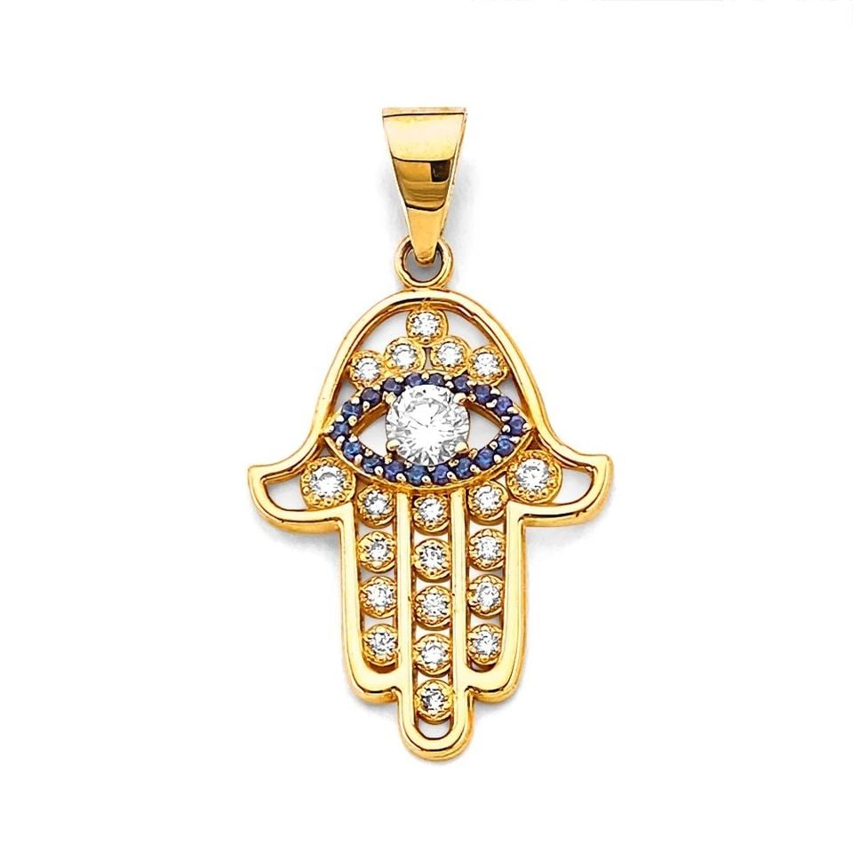 NEW 14K YELLOW GOLD HAMSA HAND WITH EVIL EYE PENDANT: NEW 14K YELLOW GOLD HAMSA HAND WITH EVIL EYE PENDANT HAMSA HAND WITH EVIL EYE PENDANT NEW 14K YELLOW GOLD Height : 30 mm Width : 15 mm Apx. WEIGHT : 1.9g