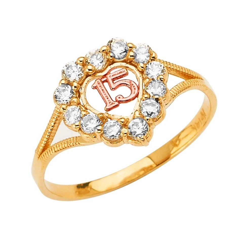 NEW 14K TRI COLOR GOLD 15 YEARS HEART RING- SIZE 7: NEW 14K TRI COLOR GOLD 15 YEARS HEART RING 15 YEARS HEART RING NEW 14K TRI COLOR GOLD WIDTH : Average Apx. WEIGHT : 2g