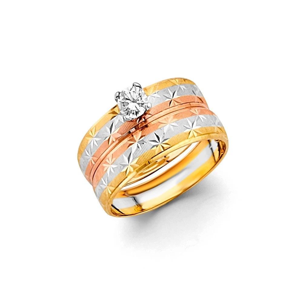 NEW 14K TRI COLOR GOLD LADIES ENGAGEMENT RING- SIZE 7: NEW 14K TRI COLOR GOLD LADIES ENGAGEMENT RING LADIES ENGAGEMENT RING NEW 14K TRI COLOR GOLD WIDTH : Average Apx. WEIGHT : 1.9g