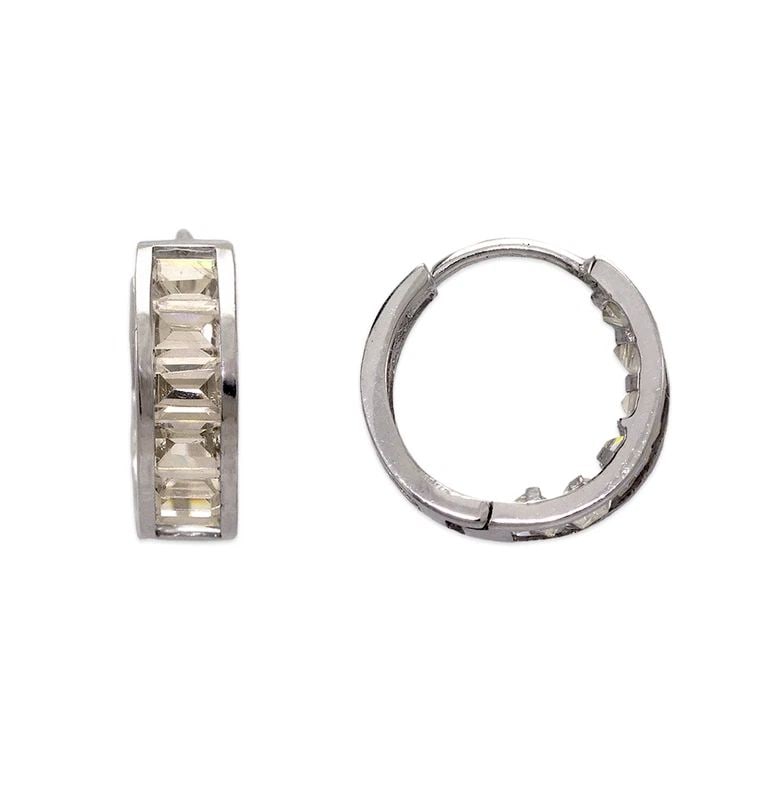 NEW 14K WHITE GOLD 13MM FANCY HUGGIE EARRINGS: NEW 14K WHITE GOLD 13MM FANCY HUGGIE EARRINGS 13MM FANCY HUGGIE EARRINGS NEW 14K WHITE GOLD Width: Approx. 4x13mm Apx WEIGHT: 1.9g