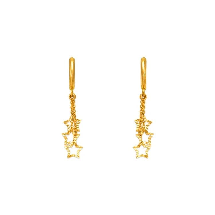 NEW 14K YELLOW GOLD FANCY TRIPLE STAR DANGLING EARRINGS: NEW 14K YELLOW GOLD FANCY TRIPLE STAR DANGLING EARRINGS FANCY TRIPLE STAR DANGLING EARRINGS NEW 14K YELLOW GOLD Width: Approx. 13x37mm Apx WEIGHT: 1.9g