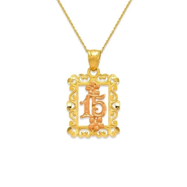 NEW 14K TWO TONE GOLD 15 ANOS PENDANT: NEW 14K TWO TONE GOLD 15 ANOS PENDANT 15 ANOS PENDANT NEW 14K TWO TONE GOLD Apx. WIDTH: 16x19mm Apx WEIGHT: 1.9g