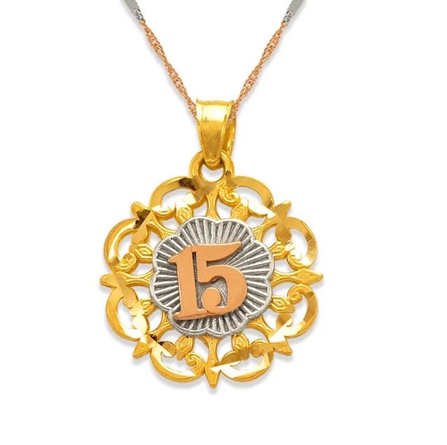 NEW 14K TRICOLOR GOLD 15 ANOS PENDANT: NEW 14K TRICOLOR GOLD 15 ANOS PENDANT 15 ANOS PENDANT NEW 14K TRICOLOR GOLD Apx. WIDTH: 17x17mm Apx WEIGHT: 1.9g