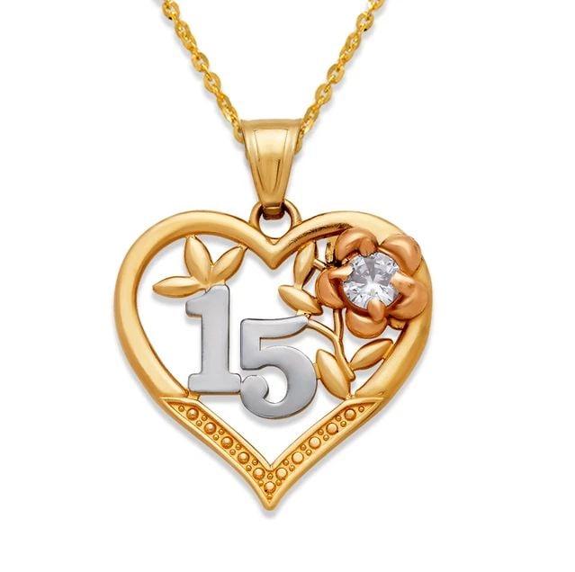 NEW 14K TRICOLOR GOLD 15 ANOS HEART PENDANT: NEW 14K TRICOLOR GOLD 15 ANOS HEART PENDANT 15 ANOS HEART PENDANT NEW 14K TRICOLOR GOLD Apx. WIDTH: 18mm Apx WEIGHT: 1.9g