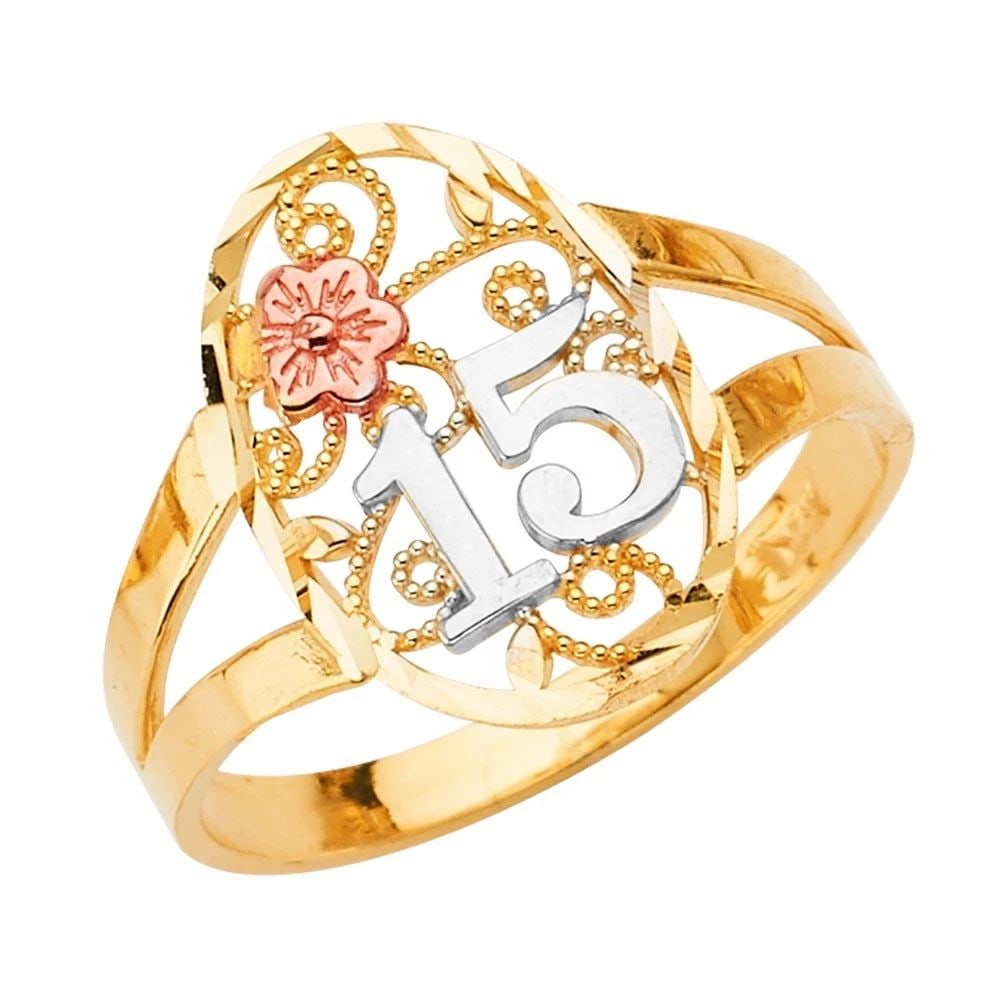NEW 14K TRI COLOR GOLD 15 YEARS RING: NEW 14K TRI COLOR GOLD 15 YEARS RING 15 YEARS RING NEW 14K TRI COLOR GOLD WIDTH : Average Apx. WEIGHT : 1.9g