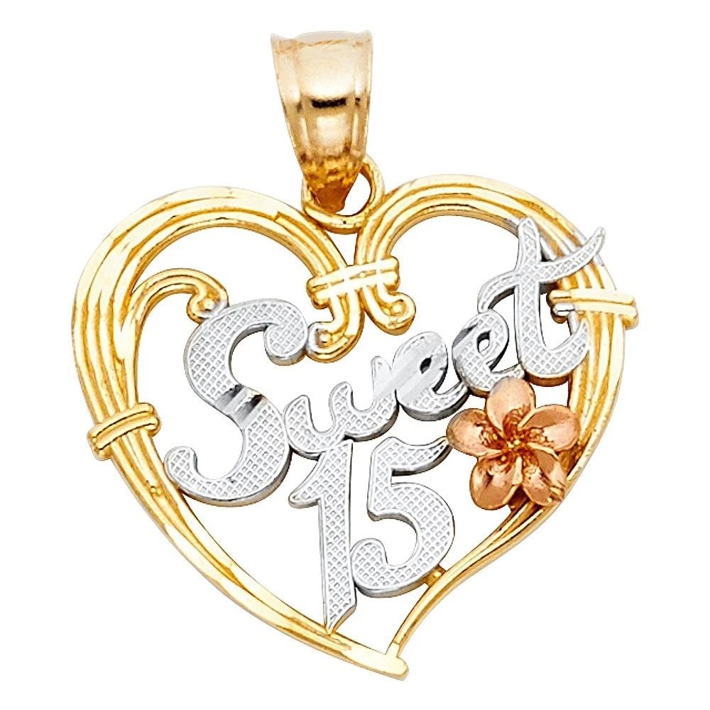 NEW 14K TRI COLOR GOLD 15 YEARS HEART PENDANT: NEW 14K TRI COLOR GOLD 15 YEARS HEART PENDANT 15 YEARS HEART PENDANT NEW 14K TRI COLOR GOLD Height : 19 mm Width : 21 mm Apx. WEIGHT : 1.8g