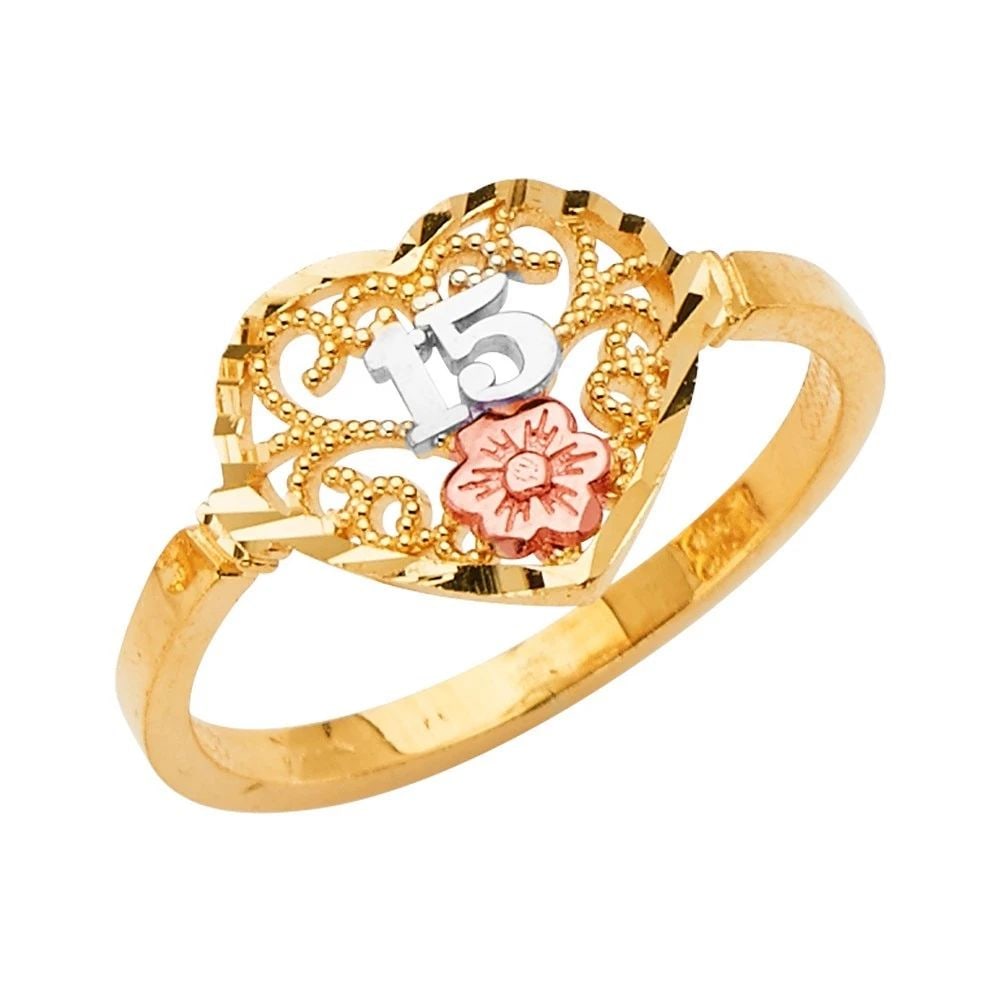 NEW 14K TRI COLOR GOLD 15 YEARS RI NG -SIZE 7: NEW 14K TRI COLOR GOLD 15 YEARS RING 15 YEARS RING NEW 14K TRI COLOR GOLD WIDTH : Average Apx. WEIGHT : 1.8g