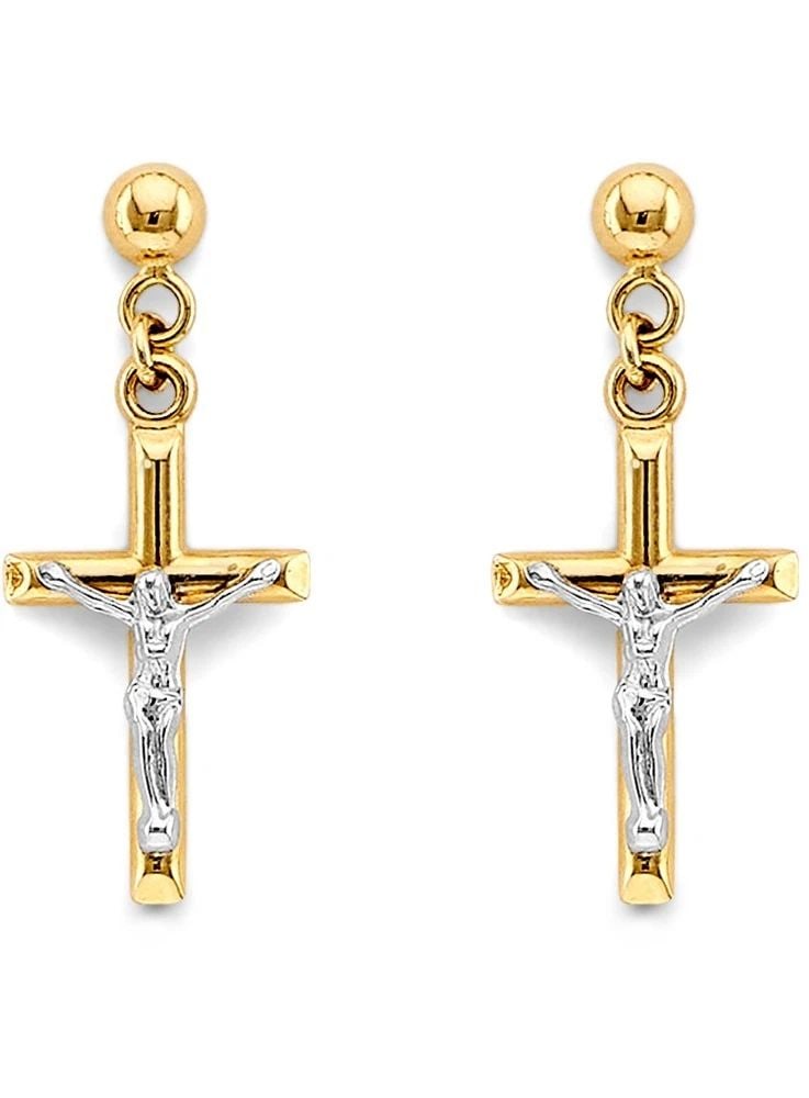 NEW 14K TWO TONE GOLD CRUCIFIC HANGING PUSH BACK EARRINGS: NEW 14K TWO TONE GOLD CRUCIFIC HANGING PUSH BACK EARRINGS CRUCIFIC HANGING PUSH BACK EARRINGS NEW 14K TWO TONE GOLD Height : 30 mm Width : 10 mm Weight : 1.3g