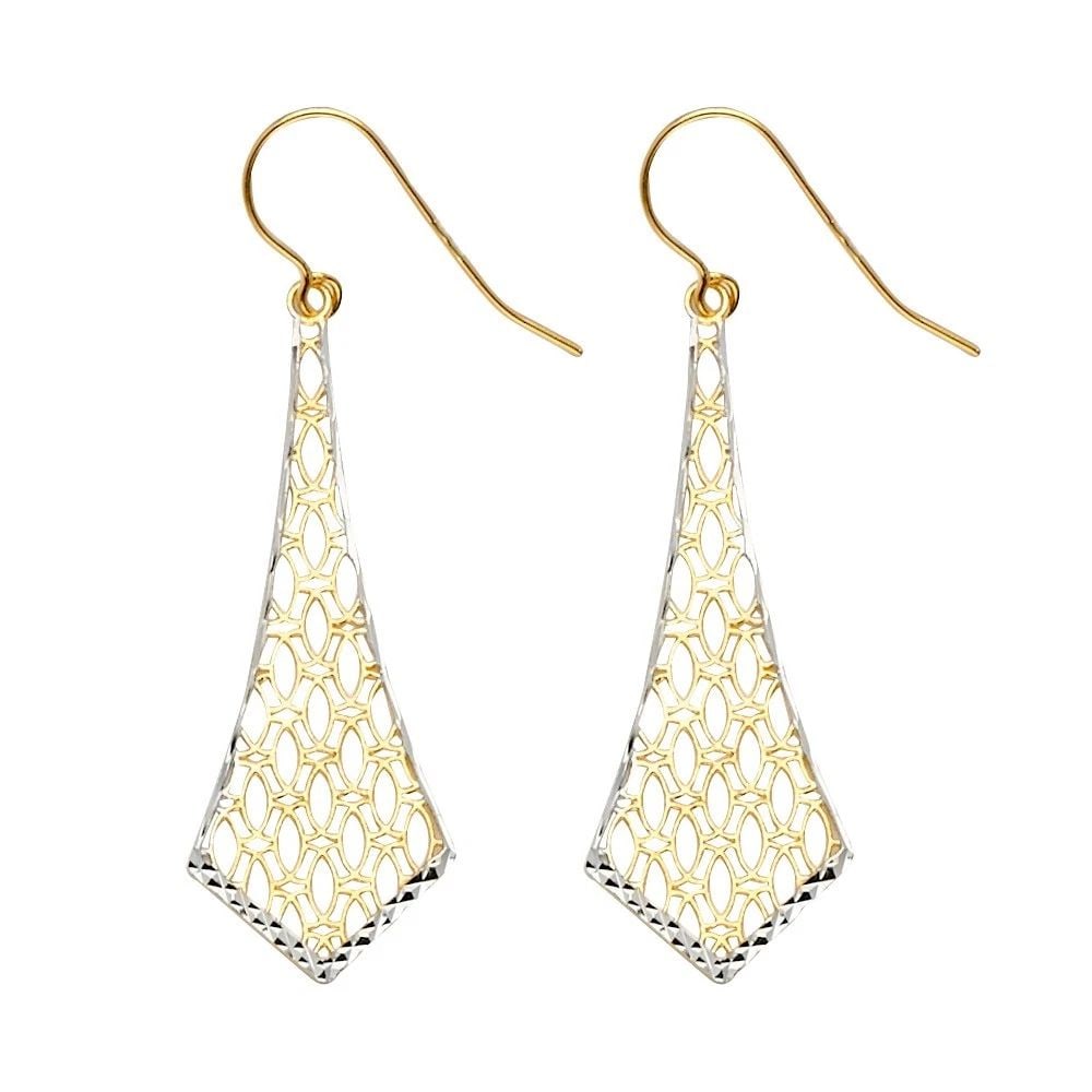 NEW 14K TWO TONE GOLD FANCY DANGLING EARRINGS: NEW 14K TWO TONE GOLD FANCY DANGLING EARRINGS FANCY DANGLING EARRINGS NEW 14K TWO TONE GOLD Height : 46 mm Width : 12 mm Weight : 1.3g