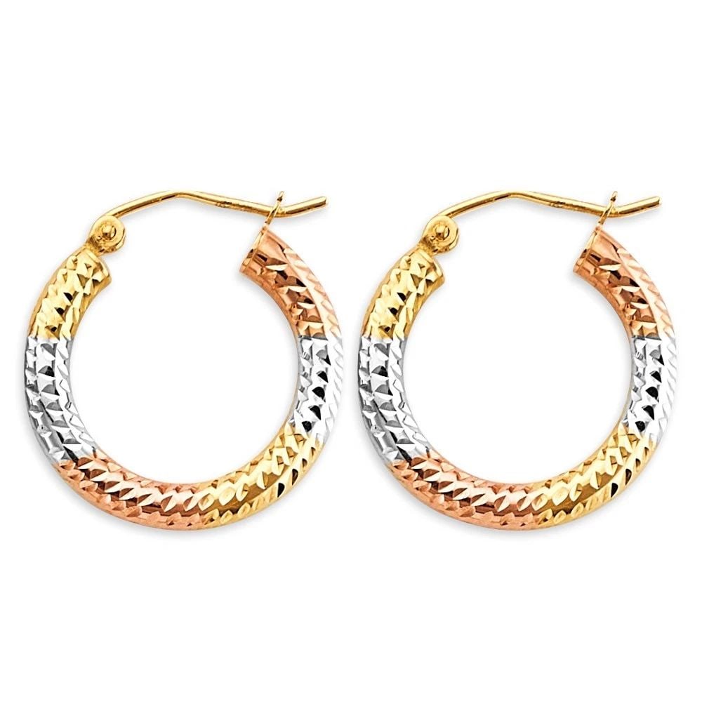 NEW 14K TRI COLOR GOLD 3MM TUBE DC HOOP EARRINGS: NEW 14K TRI COLOR GOLD 3MM TUBE DC HOOP EARRINGS 3MM TUBE DC HOOP EARRINGS NEW 14K TRI COLOR GOLD HEIGHT - 20 mm WIDTH - 20 mm Apx WEIGHT - 1.3 g