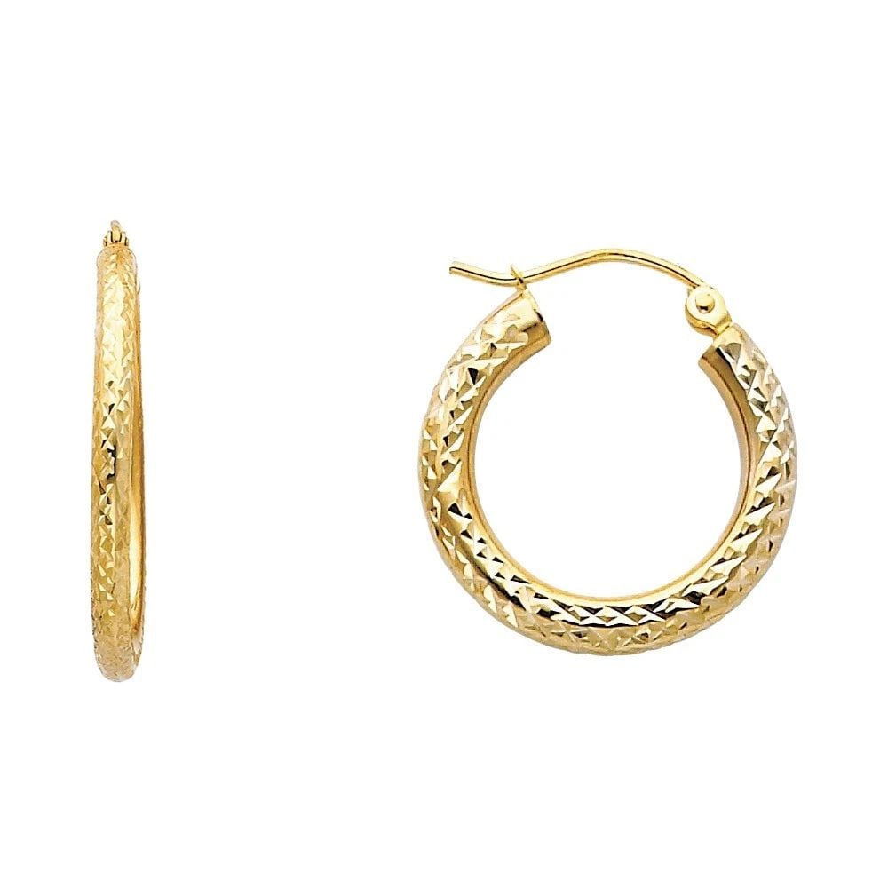 NEW 14K YELLOW GOLD DC 3.0MM ROUND HOOP EARRINGS (20MM): NEW 14K YELLOW GOLD DC 3.0MM ROUND HOOP EARRINGS (20MM) DC 3.0MM ROUND HOOP EARRINGS (20MM) NEW 14K YELLOW GOLD HEIGHT - 20 mm WIDTH - 20 mm Apx WEIGHT - 1.3 g