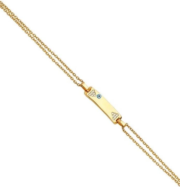 NEW 14K YELLOW GOLD BABY ID BRACELET WITH EVILEYE: NEW 14K YELLOW GOLD BABY ID BRACELET WITH EVILEYE BABY ID BRACELET WITH EVILEYE NEW 14K YELLOW GOLD LENGTH - 5.5+0.5in Apx WEIGHT - 1.7g