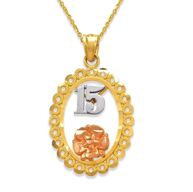 NEW 14K TRICOLOR GOLD 15 ANOS PENDANT: NEW 14K TRICOLOR GOLD 15 ANOS PENDANT 15 ANOS PENDANT NEW 14K TRICOLOR GOLD Apx. WIDTH: 16x21mm Apx WEIGHT: 1.7g