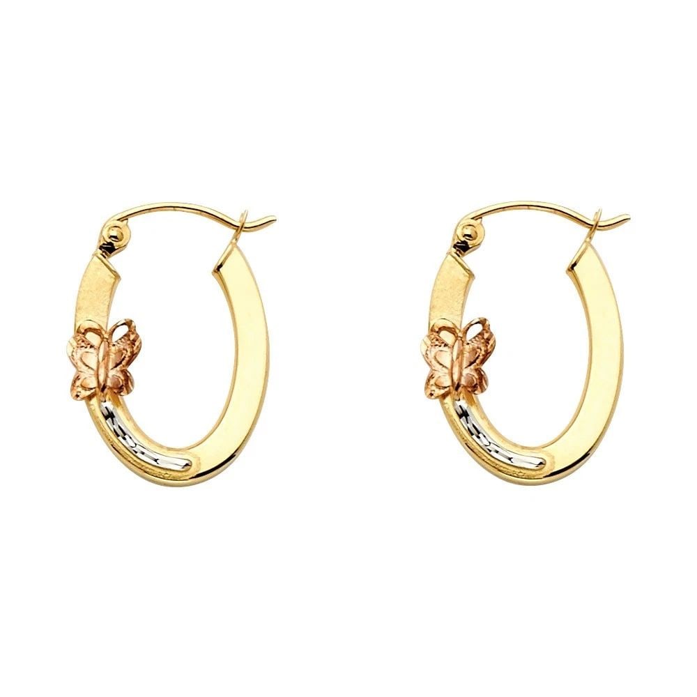 NEW 14K TRI COLOR GOLD BUTTERFLY OVAL HOOP EARRINGS: NEW 14K TRI COLOR GOLD BUTTERFLY OVAL HOOP EARRINGS BUTTERFLY OVAL HOOP EARRINGS NEW 14K TRI COLOR GOLD HEIGHT - 13 mm WIDTH - 9 mm Apx WEIGHT - 1.3 g