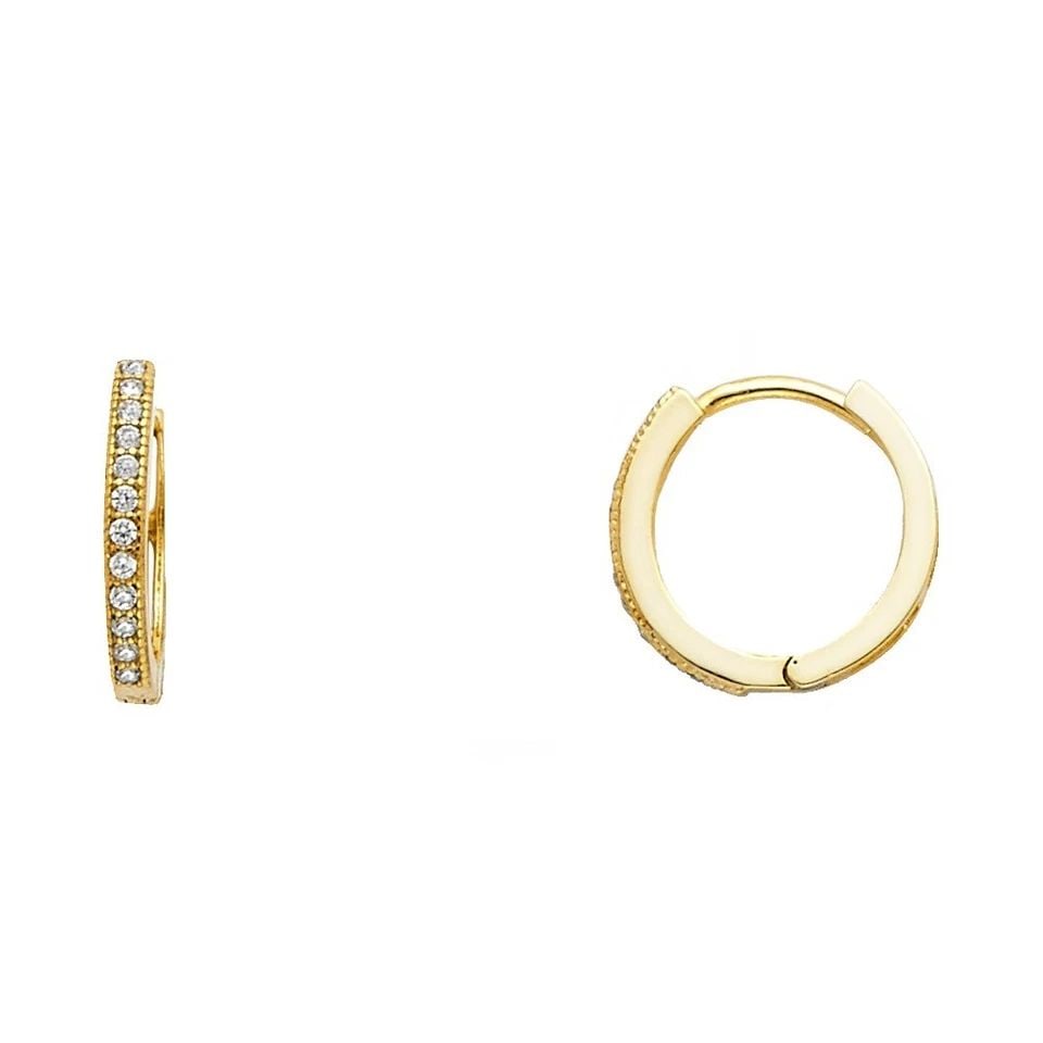 NEW 14K YELLOW GOLD ROUND PAVE HUGGIES EARRINGS: NEW 14K YELLOW GOLD ROUND PAVE HUGGIES EARRINGS ROUND PAVE HUGGIES EARRINGS NEW 14K YELLOW GOLD HEIGHT - 12 mm WIDTH - 12 mm Apx WEIGHT - 1.2 g