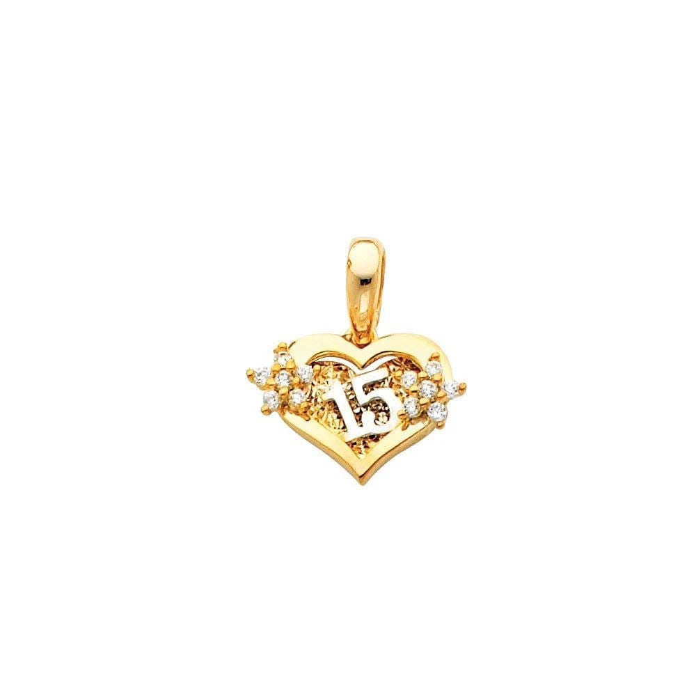 NEW 14K TWO TONE GOLD 15 YEARS HEART PENDANT: NEW 14K TWO TONE GOLD 15 YEARS HEART PENDANT (PT672) 15 YEARS HEART PENDANT (PT672) NEW 14K TWO TONE GOLD Height : 15 mm Width : 10 mm Apx. WEIGHT : 1.6g