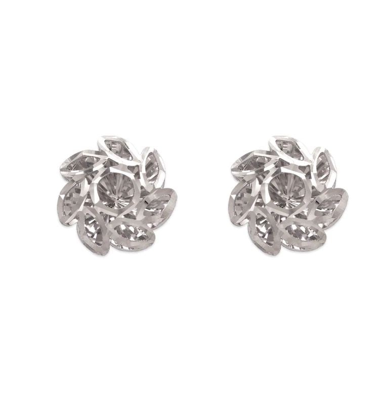 NEW 14K WHITE GOLD SMALL DIAMOND CUT FLOWER STUD EARRINGS: NEW 14K WHITE GOLD SMALL DIAMOND CUT FLOWER STUD EARRINGS SMALL DIAMOND CUT FLOWER STUD EARRINGS NEW 14K WHITE GOLD Width: Approx. 11mm Apx WEIGHT: 1.6g