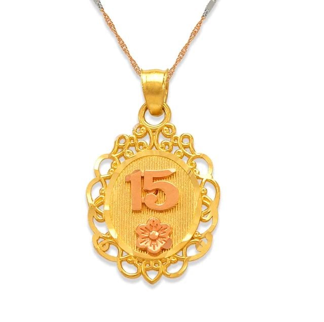 NEW 14K TRICOLOR GOLD 15 ANOS PENDANT: NEW 14K TRICOLOR GOLD 15 ANOS PENDANT 15 ANOS PENDANT NEW 14K TRICOLOR GOLD Apx. WIDTH: 15x18mm Apx WEIGHT: 1.6g