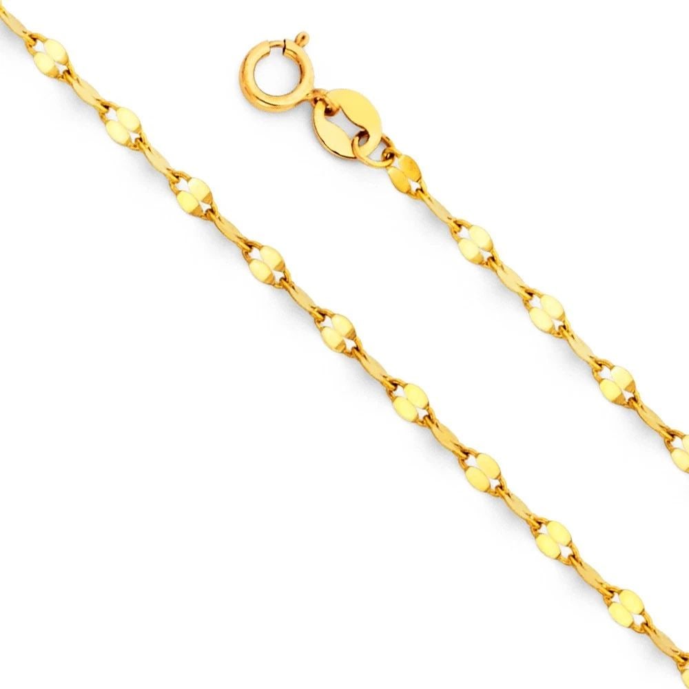 NEW 14K YELLOW GOLD 2.0MM TWIST MIRROR CHAIN: 14K YELLOW GOLD 2.0MM TWIST MIRROR CHAIN 2.0MM TWIST MIRROR CHAIN NEW 14K YELLOW GOLD WIDTH: 2mm AVERAGE Apx WEIGHT: 1.3g