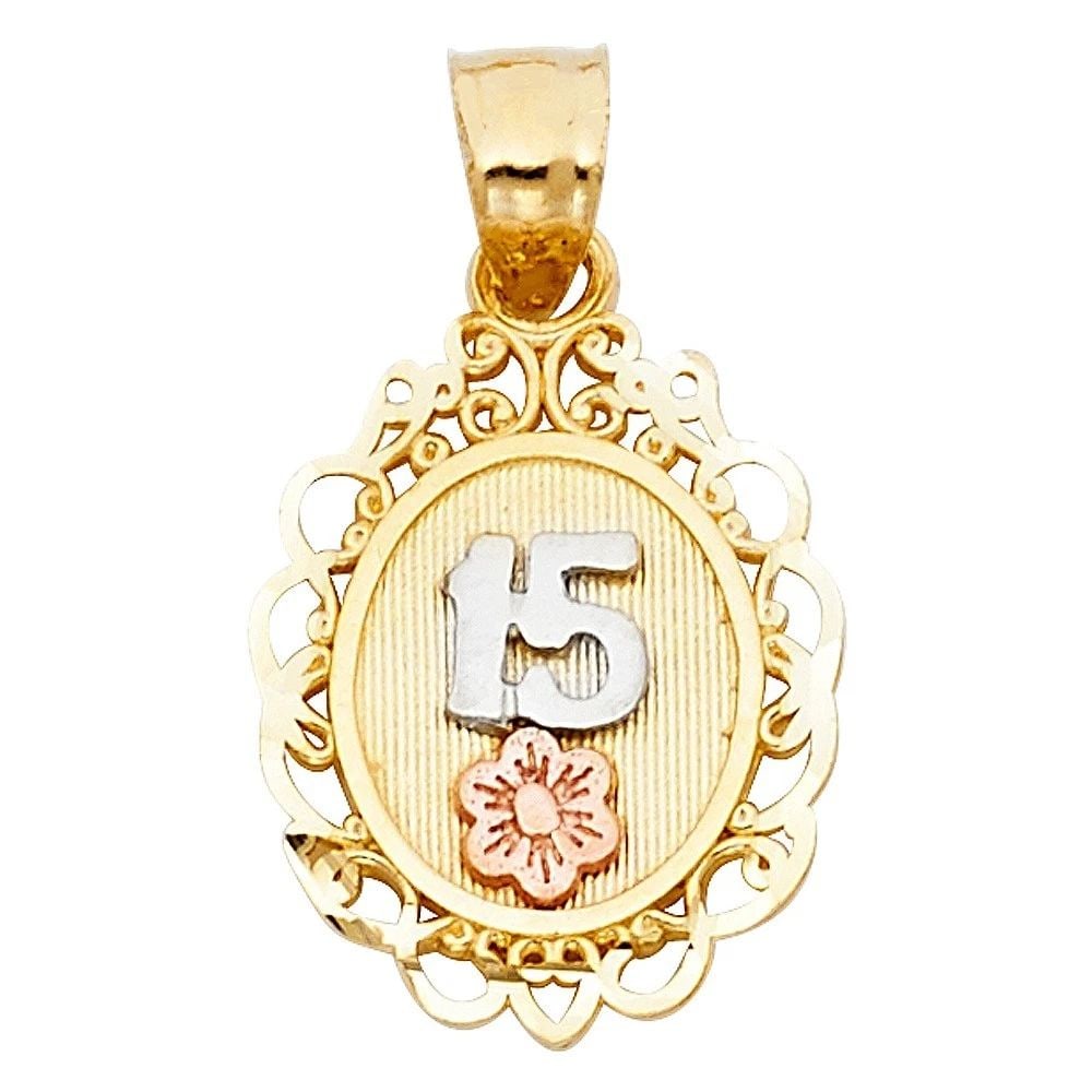 NEW 14K TRI COLOR GOLD 15 YEARS PENDANT: NEW 14K TRI COLOR GOLD 15 YEARS PENDANT 15 YEARS PENDANT NEW 14K TRI COLOR GOLD Height : 20 mm Width : 13 mm Apx. WEIGHT : 1.5g