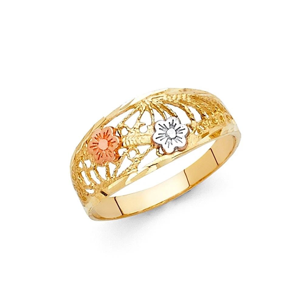 NEW 14K TRI COLOR GOLD FANCY FLOWER RING -SIZE 7 -SIZE 7: NEW 14K TRI COLOR GOLD FANCY FLOWER RING FANCY FLOWER RING NEW 14K TRI COLOR GOLD WIDTH : 8 mm Average Apx WEIGHT : 1.5g