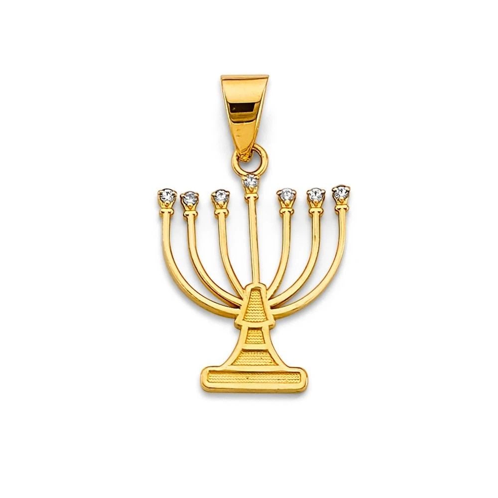 NEW 14K YELLOW GOLD MENORA PENDANT: NEW 14K YELLOW GOLD MENORA PENDANT MENORA PENDANT NEW 14K YELLOW GOLD Height : 25 mm Width : 15 mm Apx. WEIGHT : 1.5g