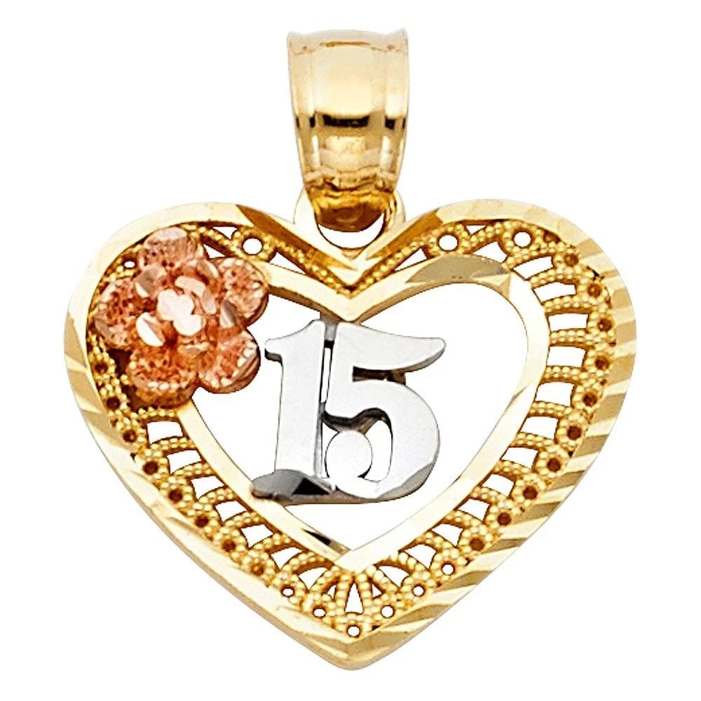 NEW 14K TRI COLOR GOLD 15 YEARS HEART PENDANT: NEW 14K TRI COLOR GOLD 15 YEARS HEART PENDANT 15 YEARS HEART PENDANT NEW 14K TRI COLOR GOLD Height : 15 mm Width : 18 mm Apx. WEIGHT : 1.5g