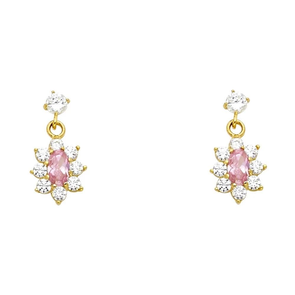 NEW 14K YELLOW GOLD HANGING FLOWER PINK STUD EARRINGS: NEW 14K YELLOW GOLD HANGING FLOWER PINK STUD EARRINGS HANGING FLOWER PINK STUD EARRINGS NEW 14K YELLOW GOLD