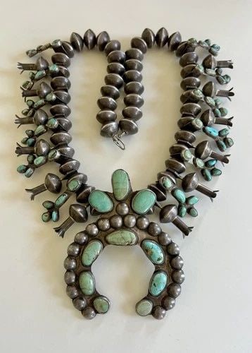 HUGE (1008G) 1940S NAVAJO COIN SILVER QUARTERS TURQUOISE SQUASH BLOSSOM NECKLACE: MASSIVE HUGE (1008g) 1940s Navajo Coin Silver Quarters Turquoise Squash Blossom Necklace BIGGEST SQUASH BLOSSOM NECKLACE ON This Amazing necklace features huge specimens of Natural High-Grade Turquois