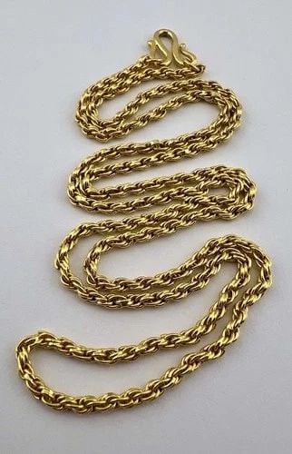 ANTIQUE OLD CHINESE 23K-24K SOLID YELLOW GOLD TWIST ROPE NECKLACE 35G - 25.5": Antique Old CHINESE 23K-24K Solid Yellow Gold Twist Rope Necklace 35g - 25.5" Size: 25.5" Long Tip To Tip Metal: 23K-24k Yellow Gold - Halmarked 99 Weight is 35.0 Grams on my scale Amazing Antique 3mm
